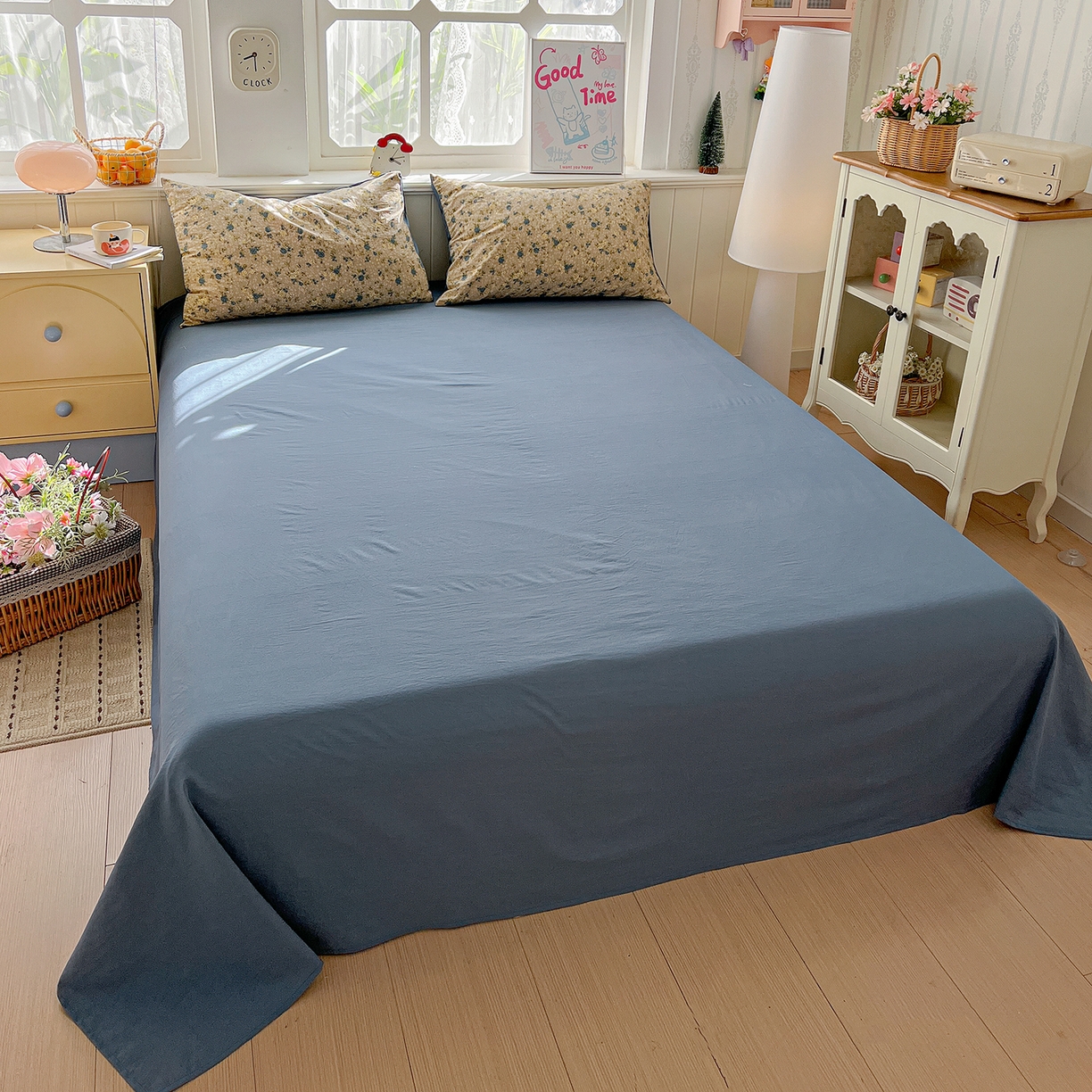 91家纺网 家纺一手货源 找家纺 凯洛奇 2026新款A类仿棉四件套古法水洗棉小清新印花四件套单被套系列 蓝色玫瑰