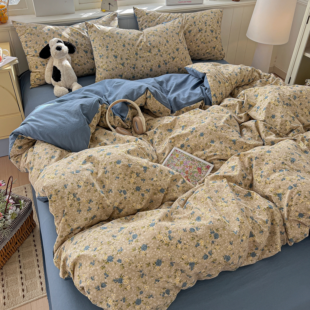 91家纺网 家纺一手货源 找家纺 凯洛奇 2026新款A类仿棉四件套古法水洗棉小清新印花四件套单被套系列 蓝色玫瑰