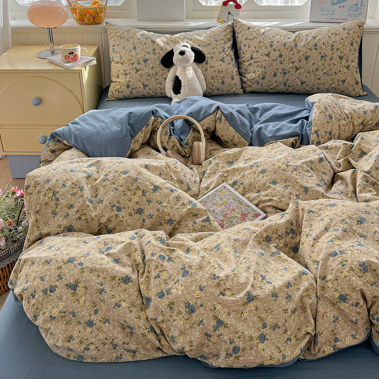 91家纺网 家纺一手货源 找家纺 凯洛奇 2026新款A类仿棉四件套古法水洗棉小清新印花四件套单被套系列 蓝色玫瑰