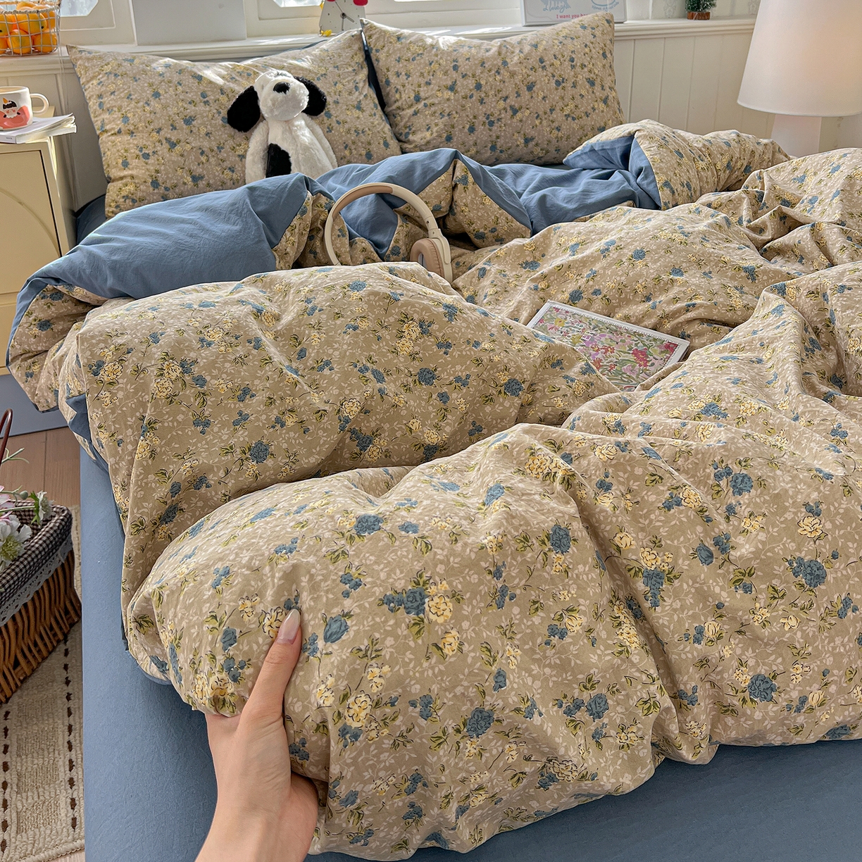 91家纺网 家纺一手货源 找家纺 凯洛奇 2026新款A类仿棉四件套古法水洗棉小清新印花四件套单被套系列 蓝色玫瑰