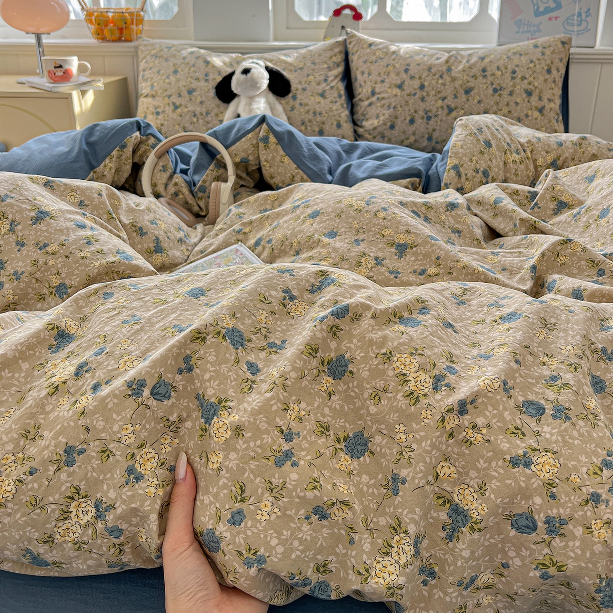 91家纺网 家纺一手货源 找家纺 凯洛奇 2026新款A类仿棉四件套古法水洗棉小清新印花四件套单被套系列 蓝色玫瑰