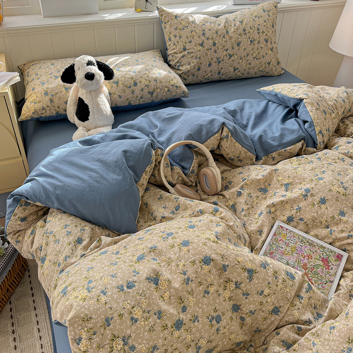 91家纺网 家纺一手货源 找家纺 凯洛奇 2026新款A类仿棉四件套古法水洗棉小清新印花四件套单被套系列 蓝色玫瑰