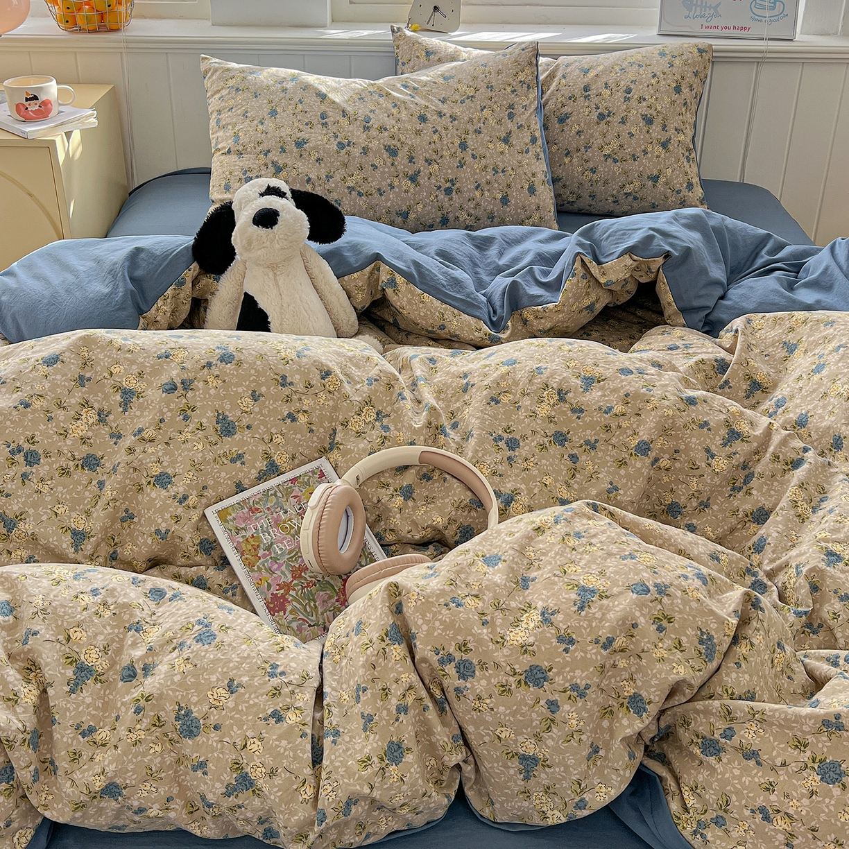 91家纺网 家纺一手货源 找家纺 凯洛奇 2026新款A类仿棉四件套古法水洗棉小清新印花四件套单被套系列 蓝色玫瑰