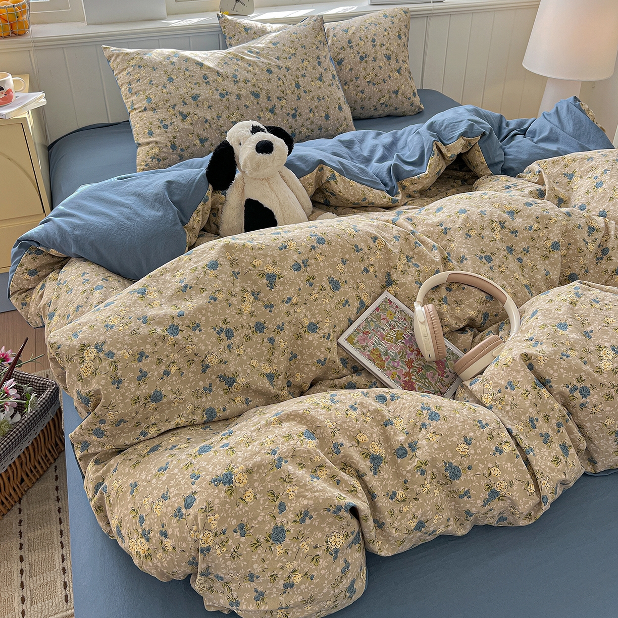 91家纺网 家纺一手货源 找家纺 凯洛奇 2026新款A类仿棉四件套古法水洗棉小清新印花四件套单被套系列 蓝色玫瑰