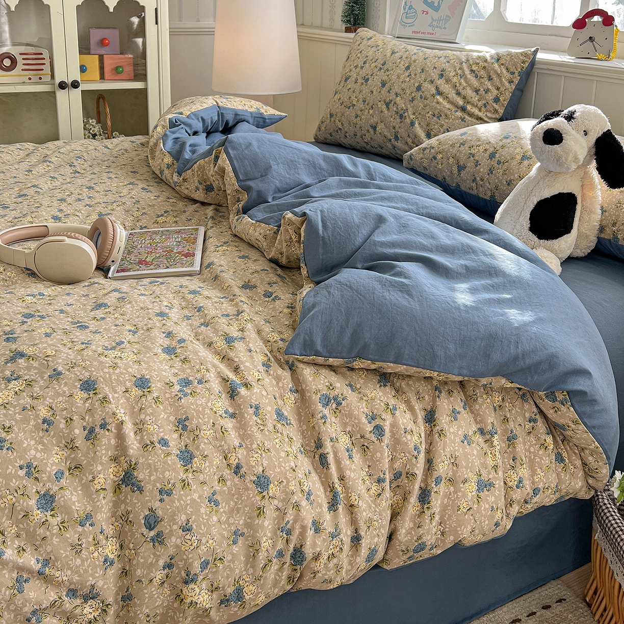 91家纺网 家纺一手货源 找家纺 凯洛奇 2026新款A类仿棉四件套古法水洗棉小清新印花四件套单被套系列 蓝色玫瑰