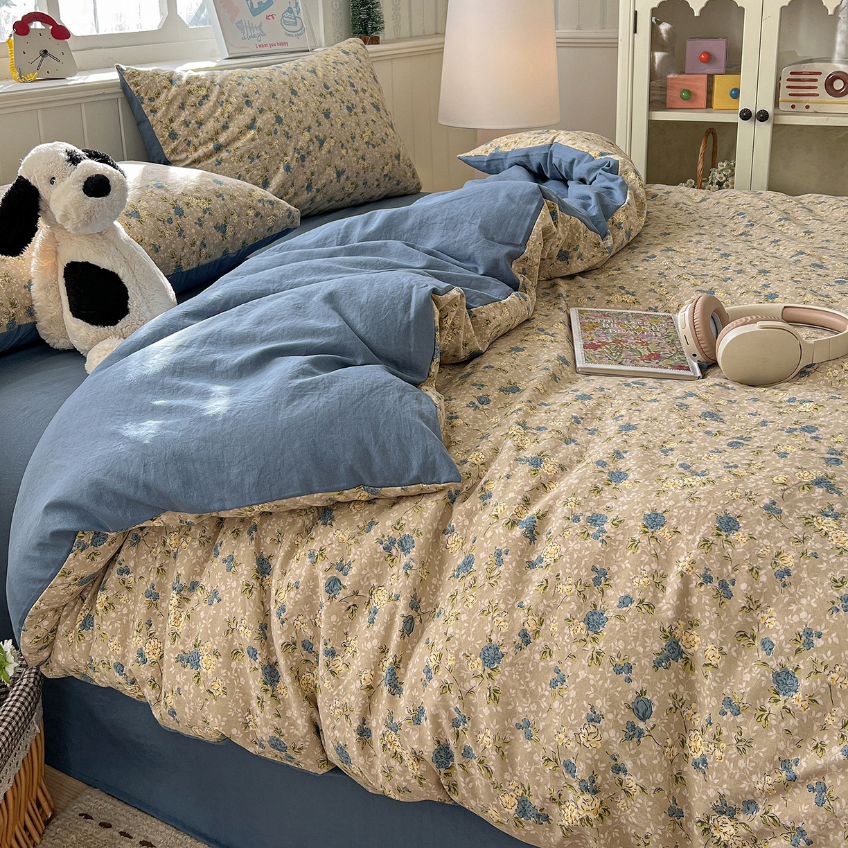 91家纺网 家纺一手货源 找家纺 凯洛奇 2026新款A类仿棉四件套古法水洗棉小清新印花四件套单被套系列 蓝色玫瑰