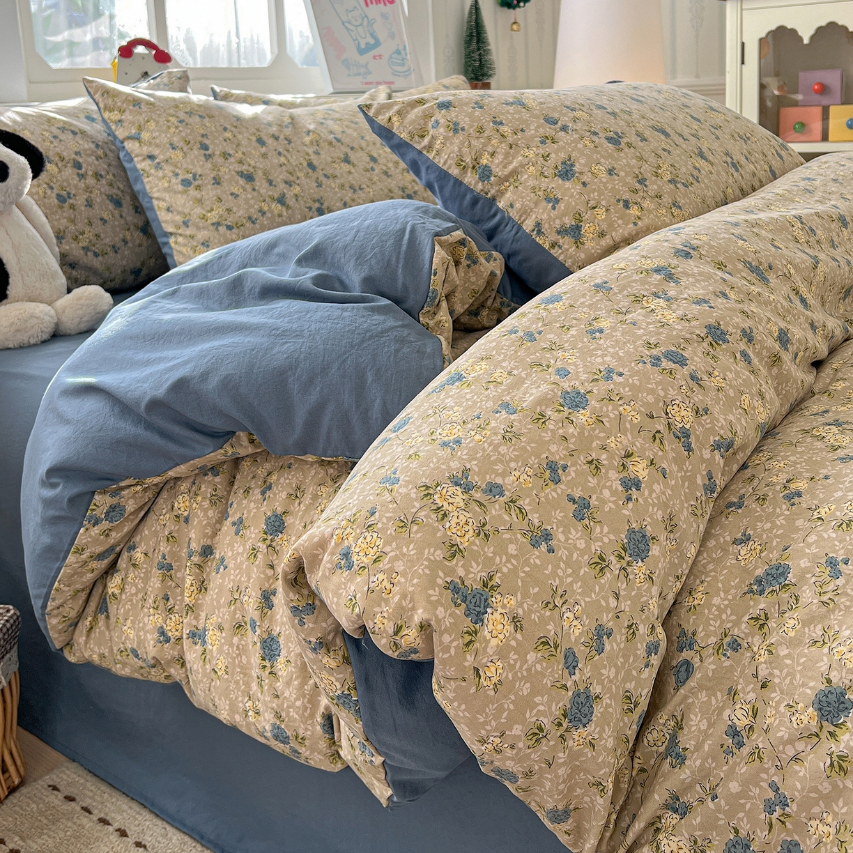 91家纺网 家纺一手货源 找家纺 凯洛奇 2026新款A类仿棉四件套古法水洗棉小清新印花四件套单被套系列 蓝色玫瑰