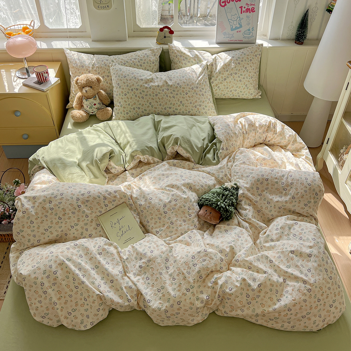 91家纺网 家纺一手货源 找家纺 凯洛奇 2026新款A类仿棉四件套古法水洗棉小清新印花四件套单被套系列 绿茵