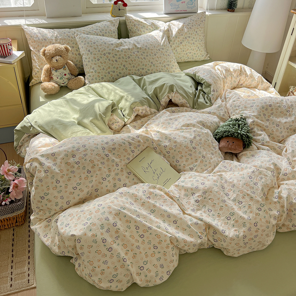 91家纺网 家纺一手货源 找家纺 凯洛奇 2026新款A类仿棉四件套古法水洗棉小清新印花四件套单被套系列 绿茵