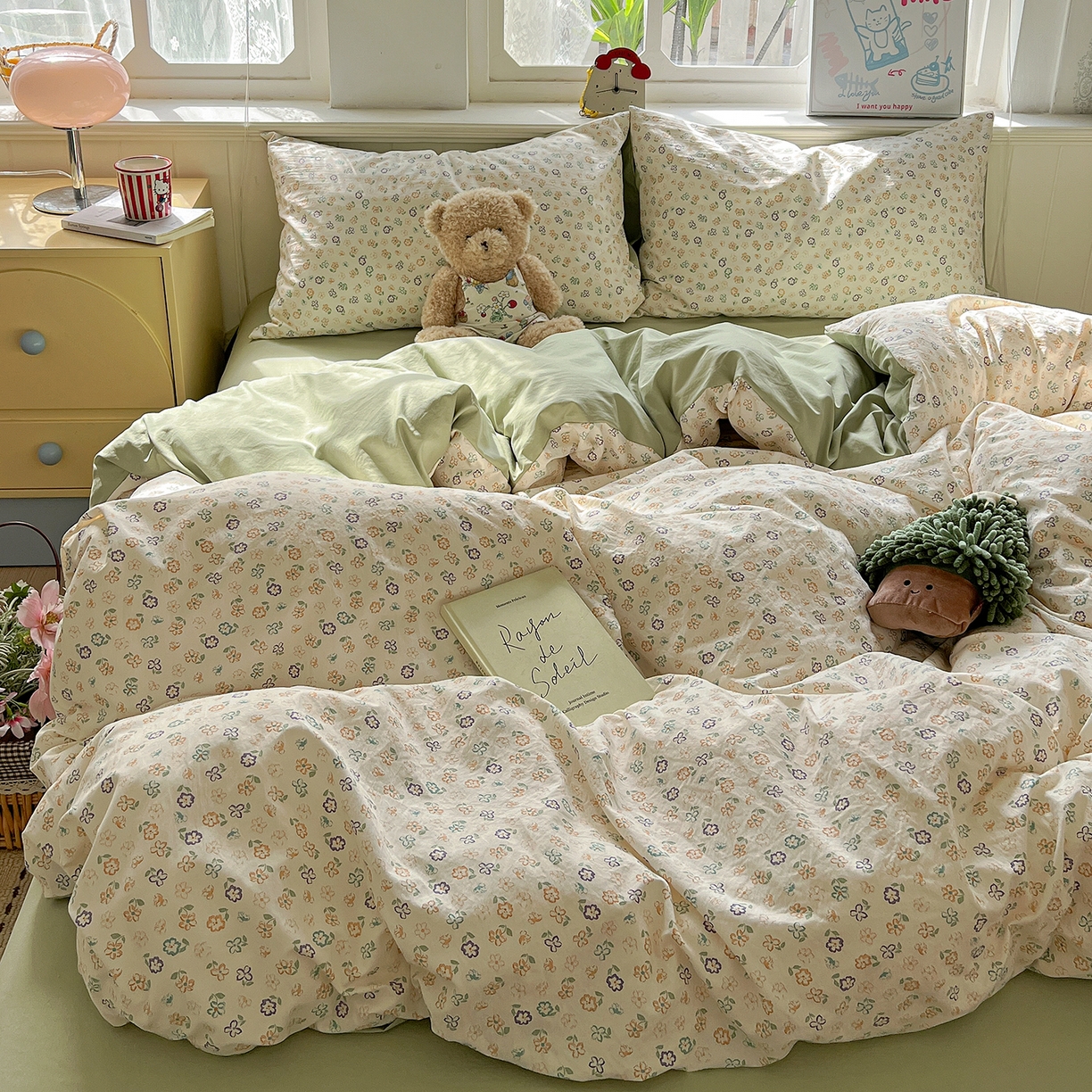 91家纺网 家纺一手货源 找家纺 凯洛奇 2026新款A类仿棉四件套古法水洗棉小清新印花四件套单被套系列 绿茵