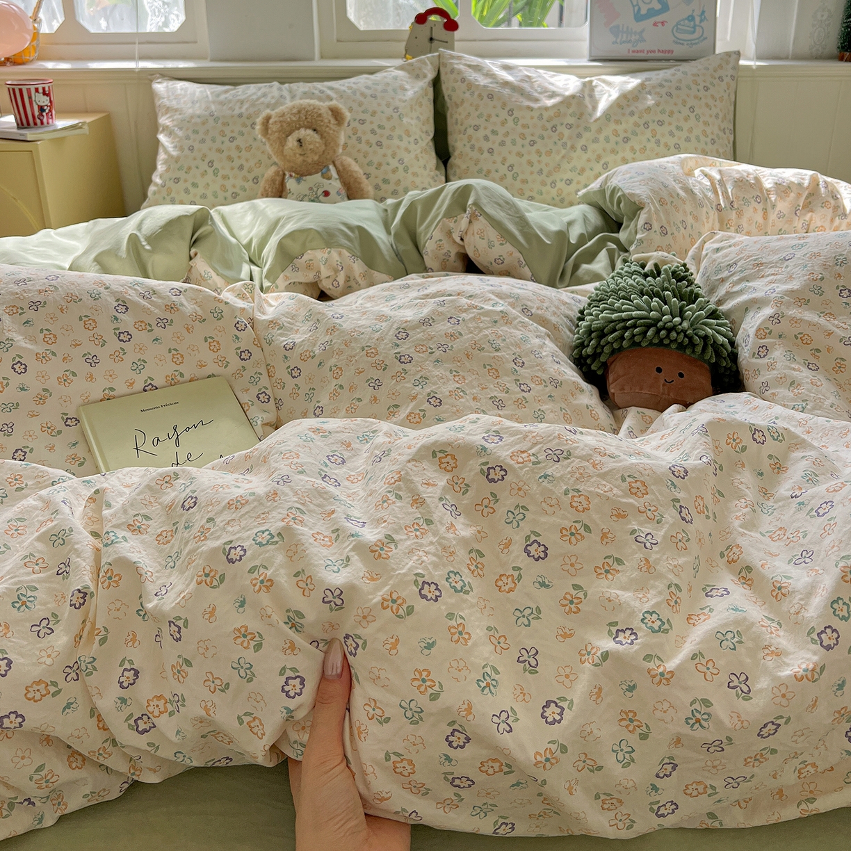 91家纺网 家纺一手货源 找家纺 凯洛奇 2026新款A类仿棉四件套古法水洗棉小清新印花四件套单被套系列 绿茵