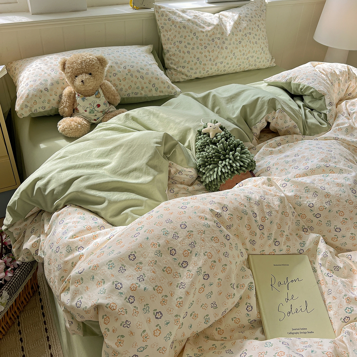 91家纺网 家纺一手货源 找家纺 凯洛奇 2026新款A类仿棉四件套古法水洗棉小清新印花四件套单被套系列 绿茵