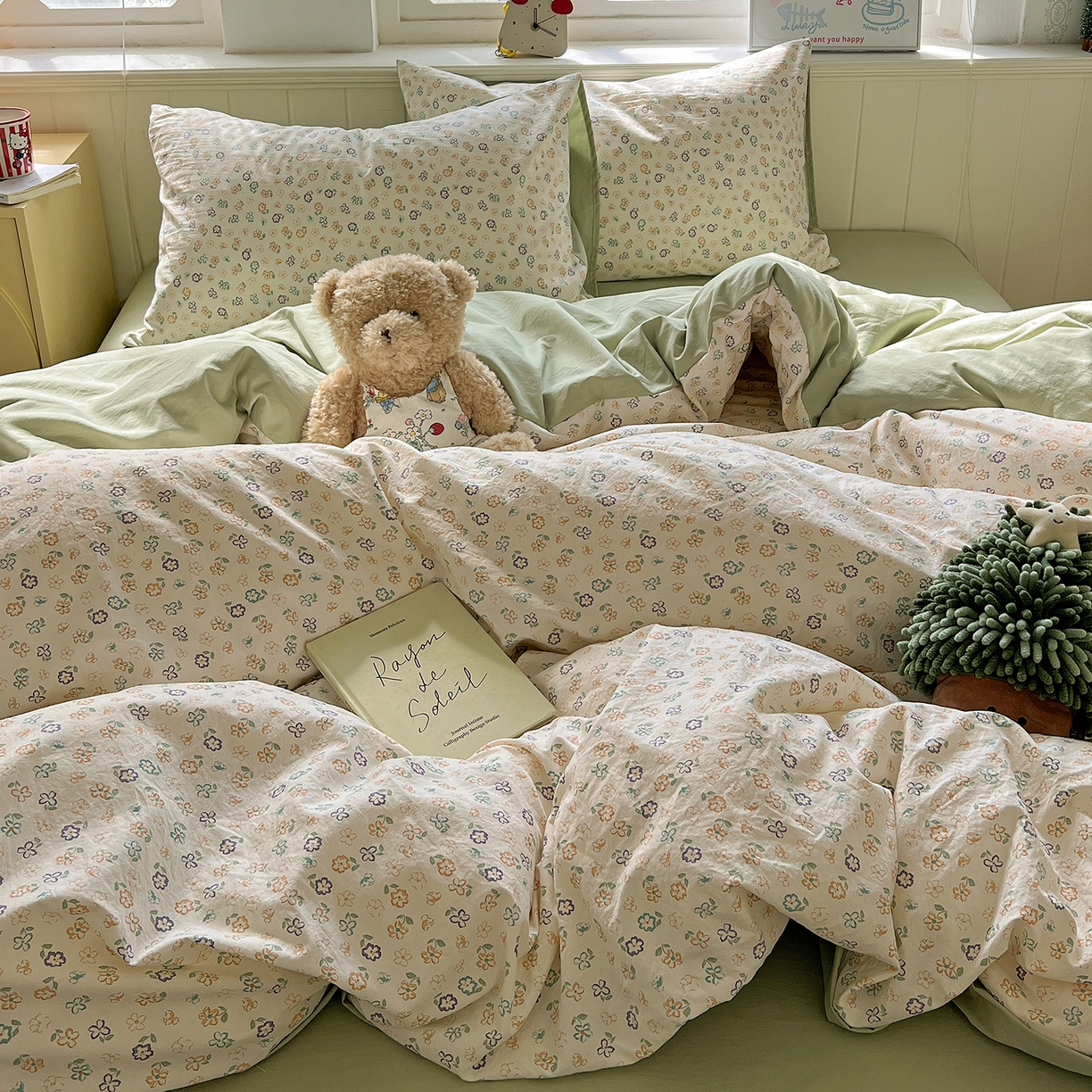 91家纺网 家纺一手货源 找家纺 凯洛奇 2026新款A类仿棉四件套古法水洗棉小清新印花四件套单被套系列 绿茵