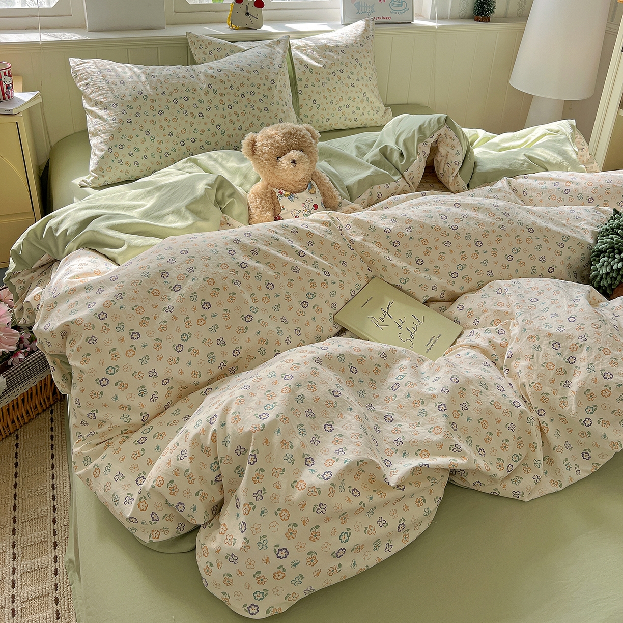 91家纺网 家纺一手货源 找家纺 凯洛奇 2026新款A类仿棉四件套古法水洗棉小清新印花四件套单被套系列 绿茵