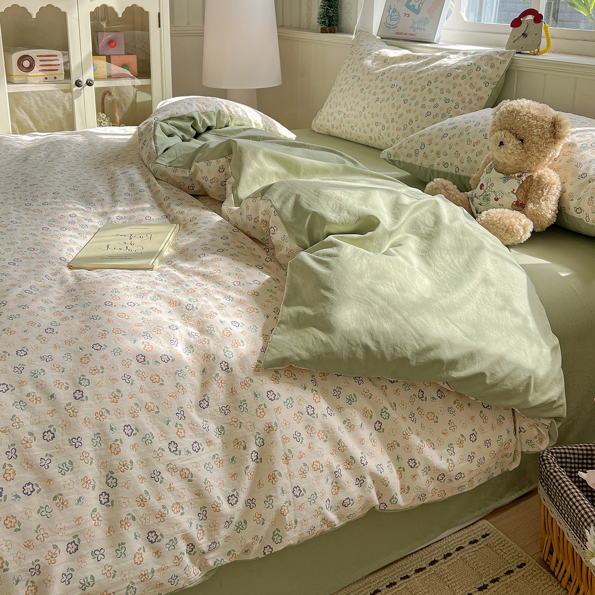 91家纺网 家纺一手货源 找家纺 凯洛奇 2026新款A类仿棉四件套古法水洗棉小清新印花四件套单被套系列 绿茵