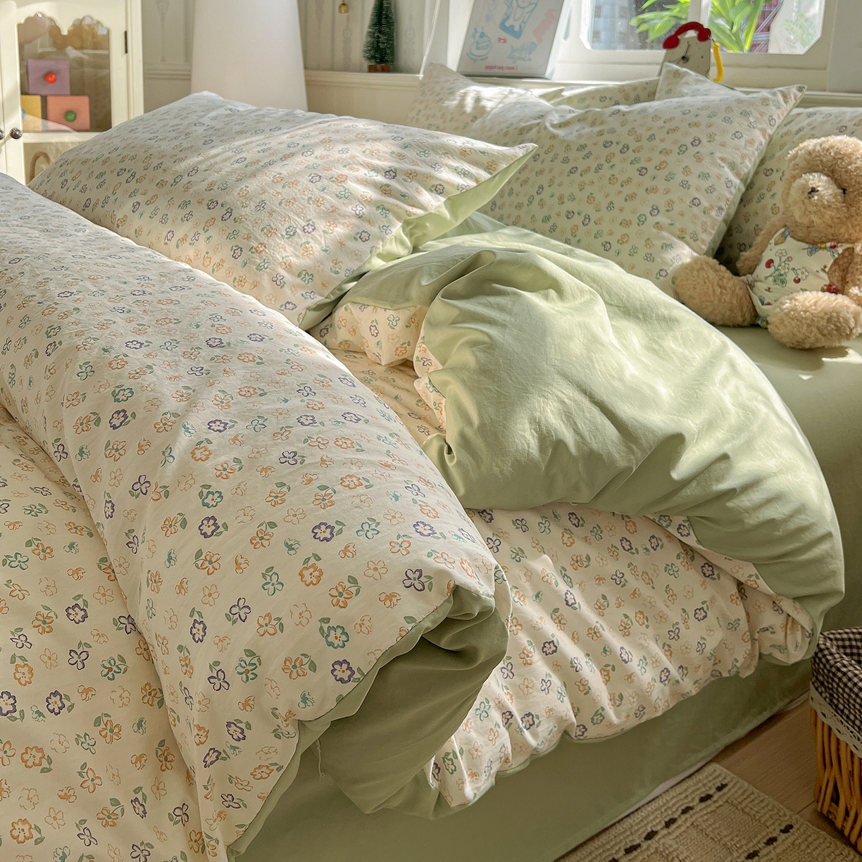 91家纺网 家纺一手货源 找家纺 凯洛奇 2026新款A类仿棉四件套古法水洗棉小清新印花四件套单被套系列 绿茵