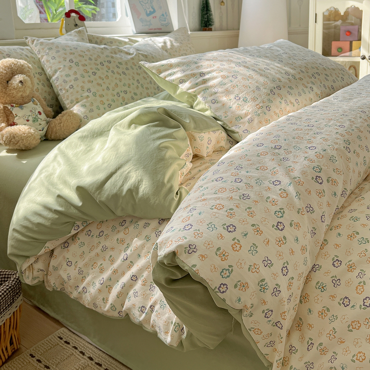 91家纺网 家纺一手货源 找家纺 凯洛奇 2026新款A类仿棉四件套古法水洗棉小清新印花四件套单被套系列 绿茵