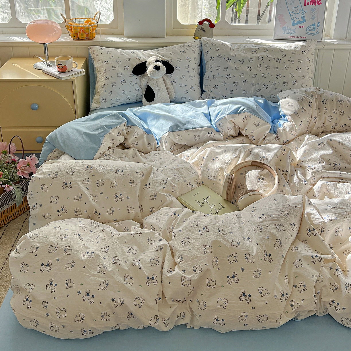 91家纺网 家纺一手货源 找家纺 凯洛奇 2026新款A类仿棉四件套古法水洗棉小清新印花四件套单被套系列 萌宠国度