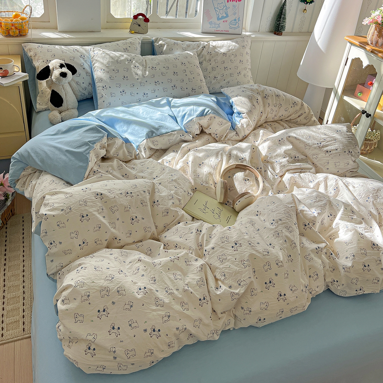 91家纺网 家纺一手货源 找家纺 凯洛奇 2026新款A类仿棉四件套古法水洗棉小清新印花四件套单被套系列 萌宠国度