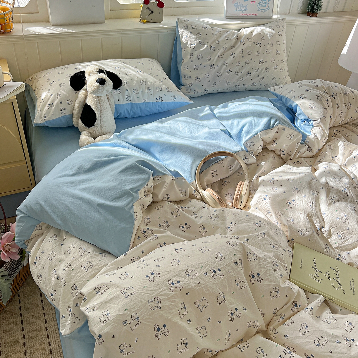 91家纺网 家纺一手货源 找家纺 凯洛奇 2026新款A类仿棉四件套古法水洗棉小清新印花四件套单被套系列 萌宠国度