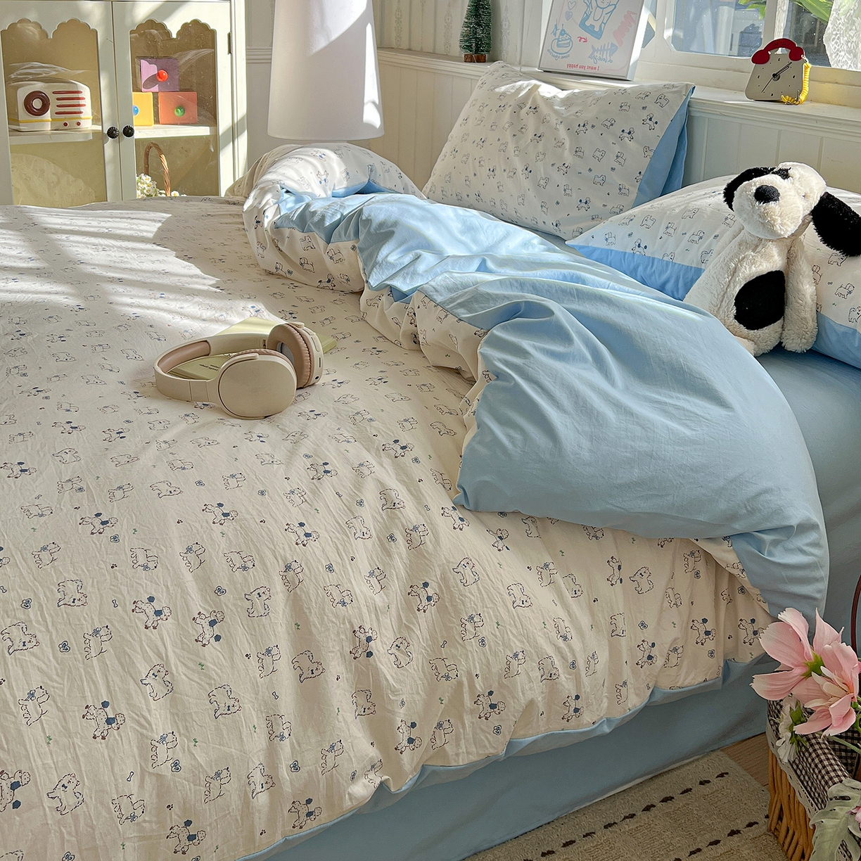 91家纺网 家纺一手货源 找家纺 凯洛奇 2026新款A类仿棉四件套古法水洗棉小清新印花四件套单被套系列 萌宠国度