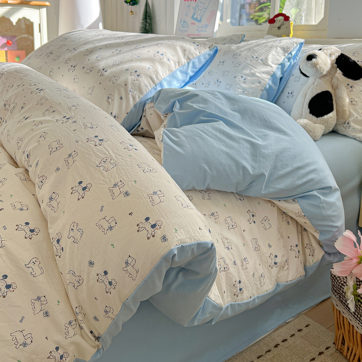 91家纺网 家纺一手货源 找家纺 凯洛奇 2026新款A类仿棉四件套古法水洗棉小清新印花四件套单被套系列 萌宠国度