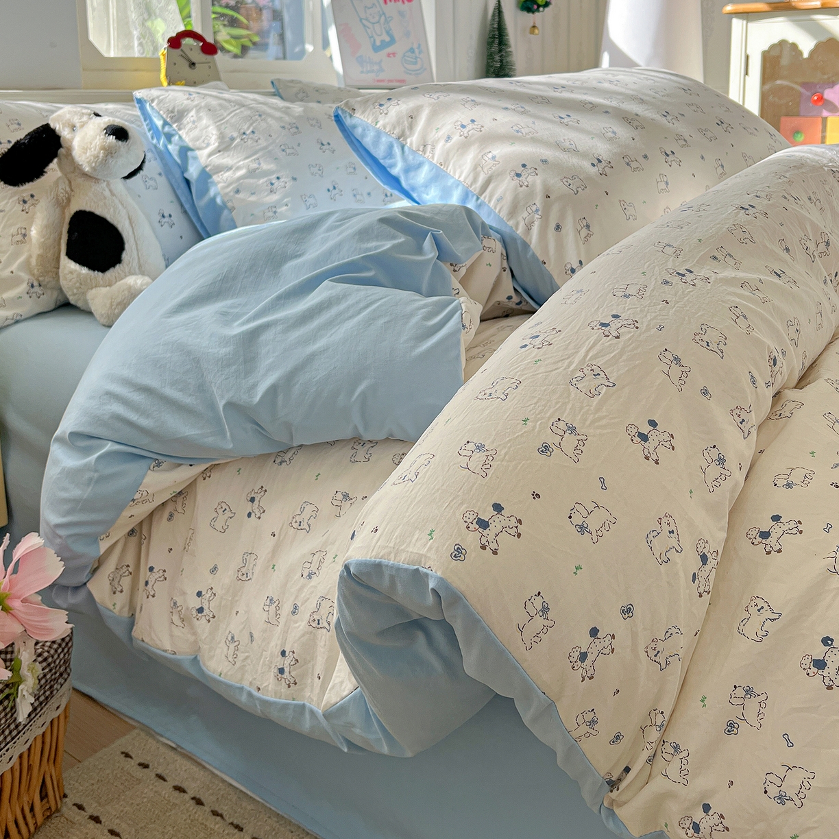 91家纺网 家纺一手货源 找家纺 凯洛奇 2026新款A类仿棉四件套古法水洗棉小清新印花四件套单被套系列 萌宠国度