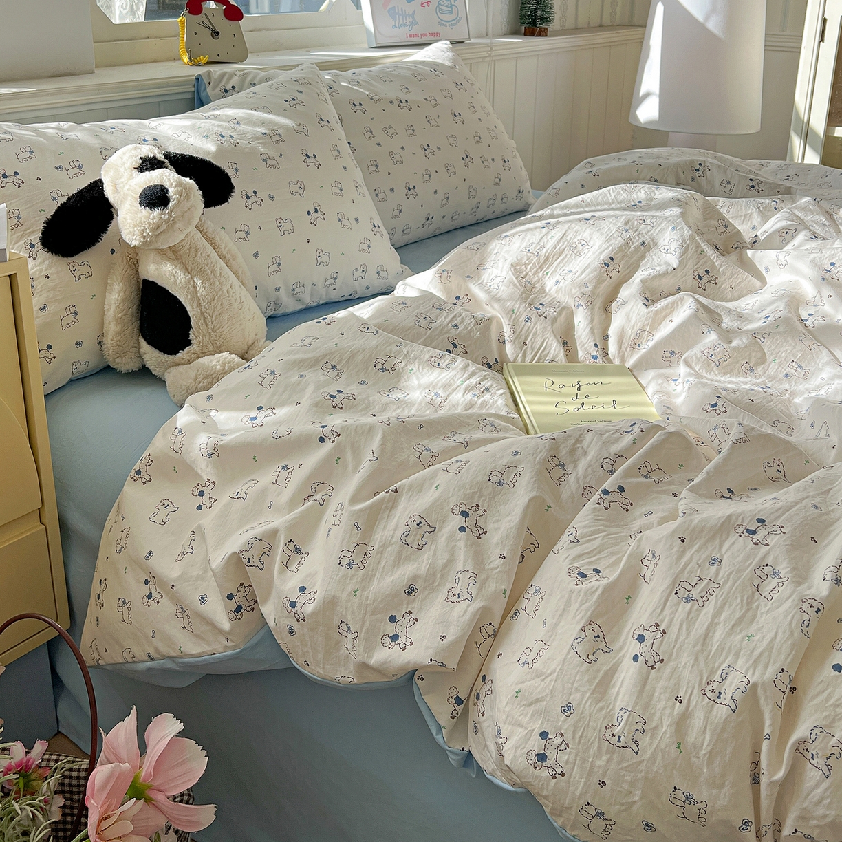 91家纺网 家纺一手货源 找家纺 凯洛奇 2026新款A类仿棉四件套古法水洗棉小清新印花四件套单被套系列 萌宠国度