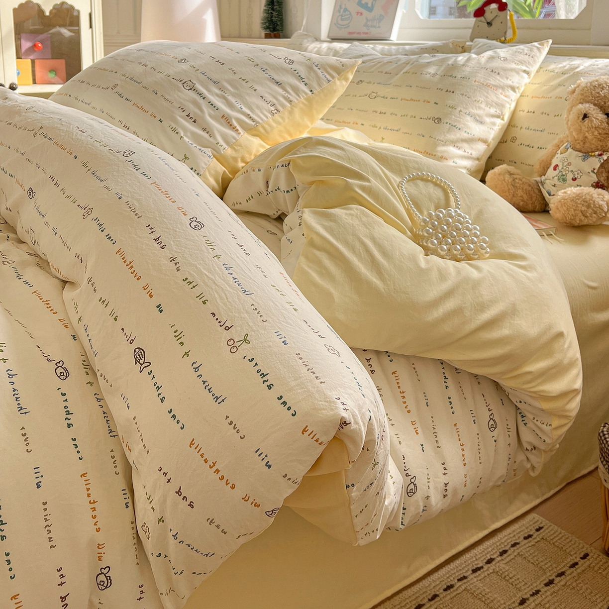 91家纺网 家纺一手货源 找家纺 凯洛奇 2026新款A类仿棉四件套古法水洗棉小清新印花四件套单被套系列 梦回甜心