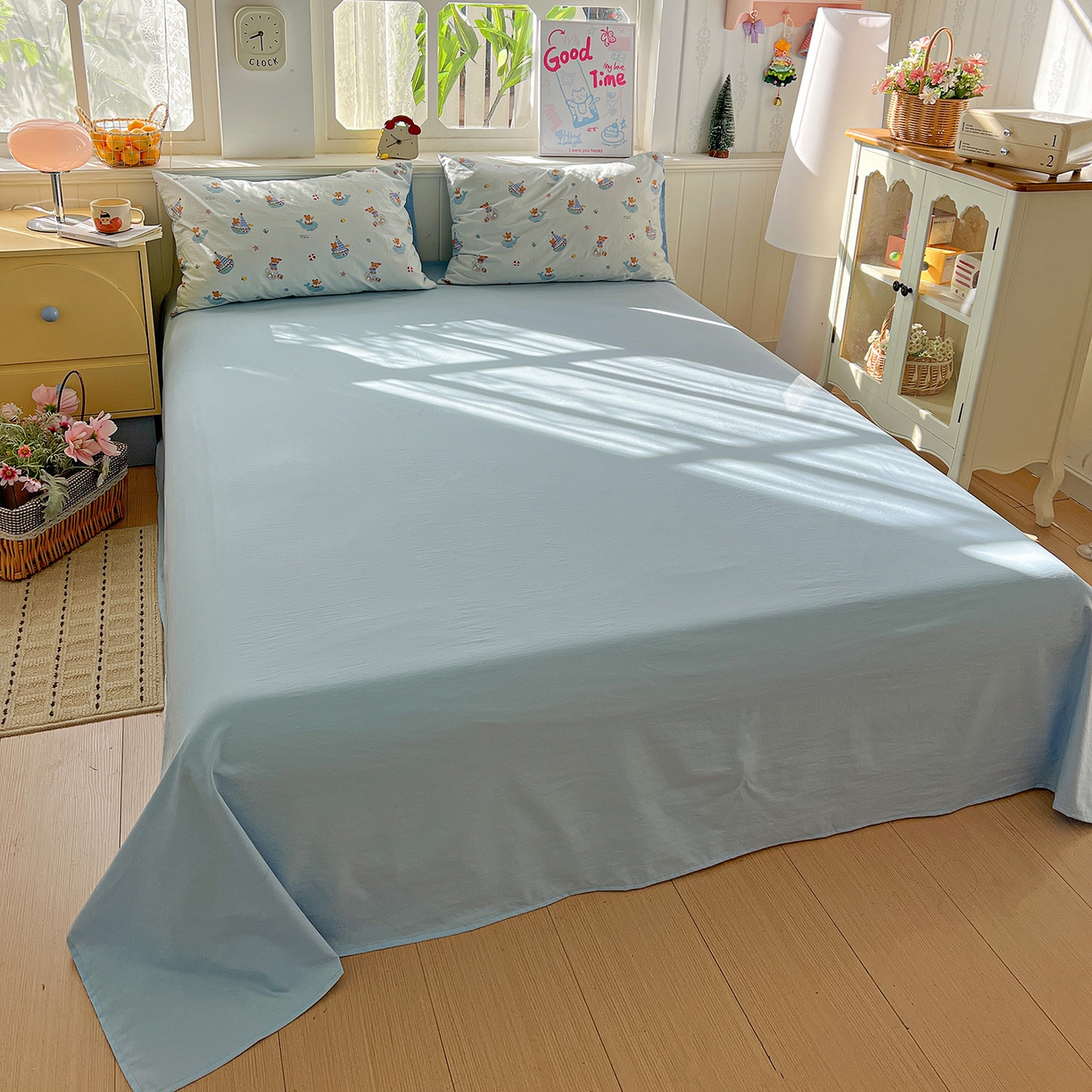 91家纺网 家纺一手货源 找家纺 凯洛奇 2026新款A类仿棉四件套古法水洗棉小清新印花四件套单被套系列 奶油小熊