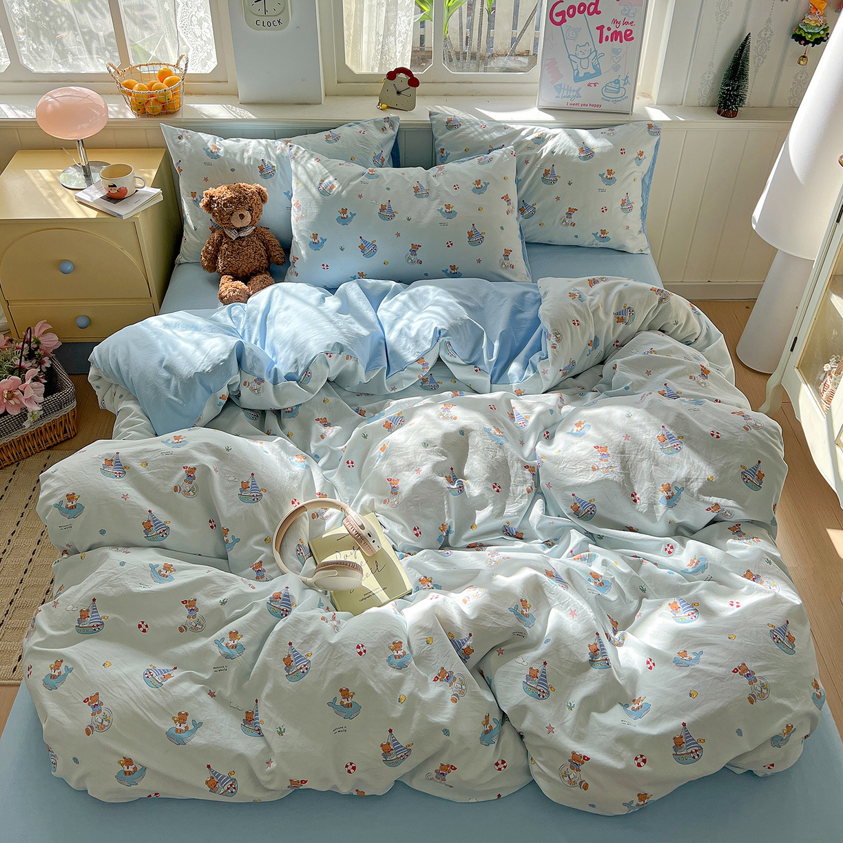 91家纺网 家纺一手货源 找家纺 凯洛奇 2026新款A类仿棉四件套古法水洗棉小清新印花四件套单被套系列 奶油小熊