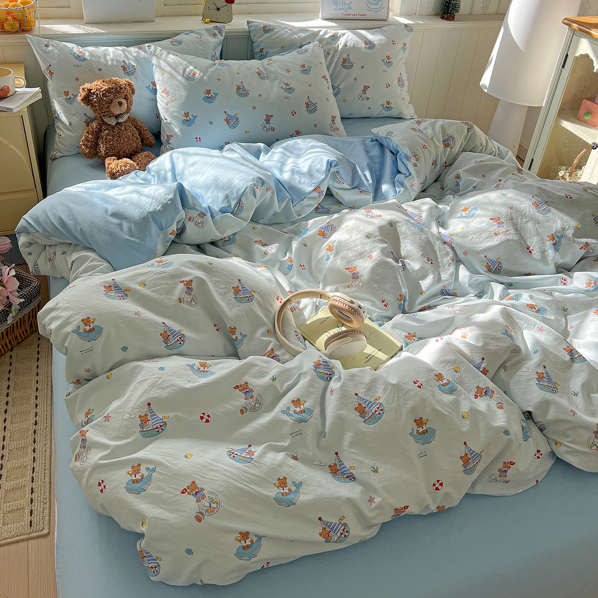 91家纺网 家纺一手货源 找家纺 凯洛奇 2026新款A类仿棉四件套古法水洗棉小清新印花四件套单被套系列 奶油小熊