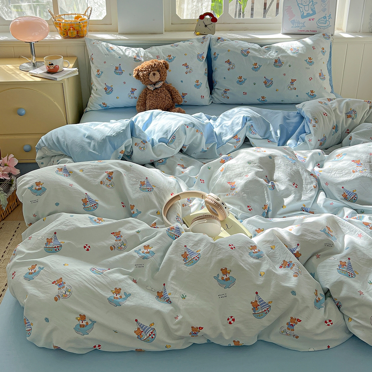 91家纺网 家纺一手货源 找家纺 凯洛奇 2026新款A类仿棉四件套古法水洗棉小清新印花四件套单被套系列 奶油小熊