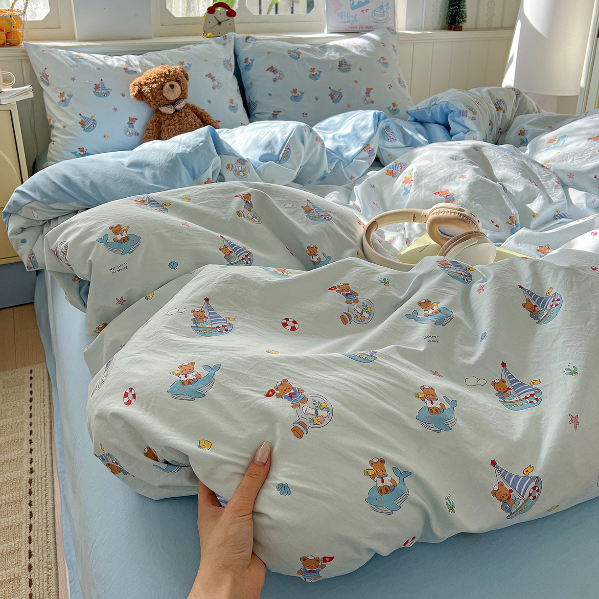 91家纺网 家纺一手货源 找家纺 凯洛奇 2026新款A类仿棉四件套古法水洗棉小清新印花四件套单被套系列 奶油小熊