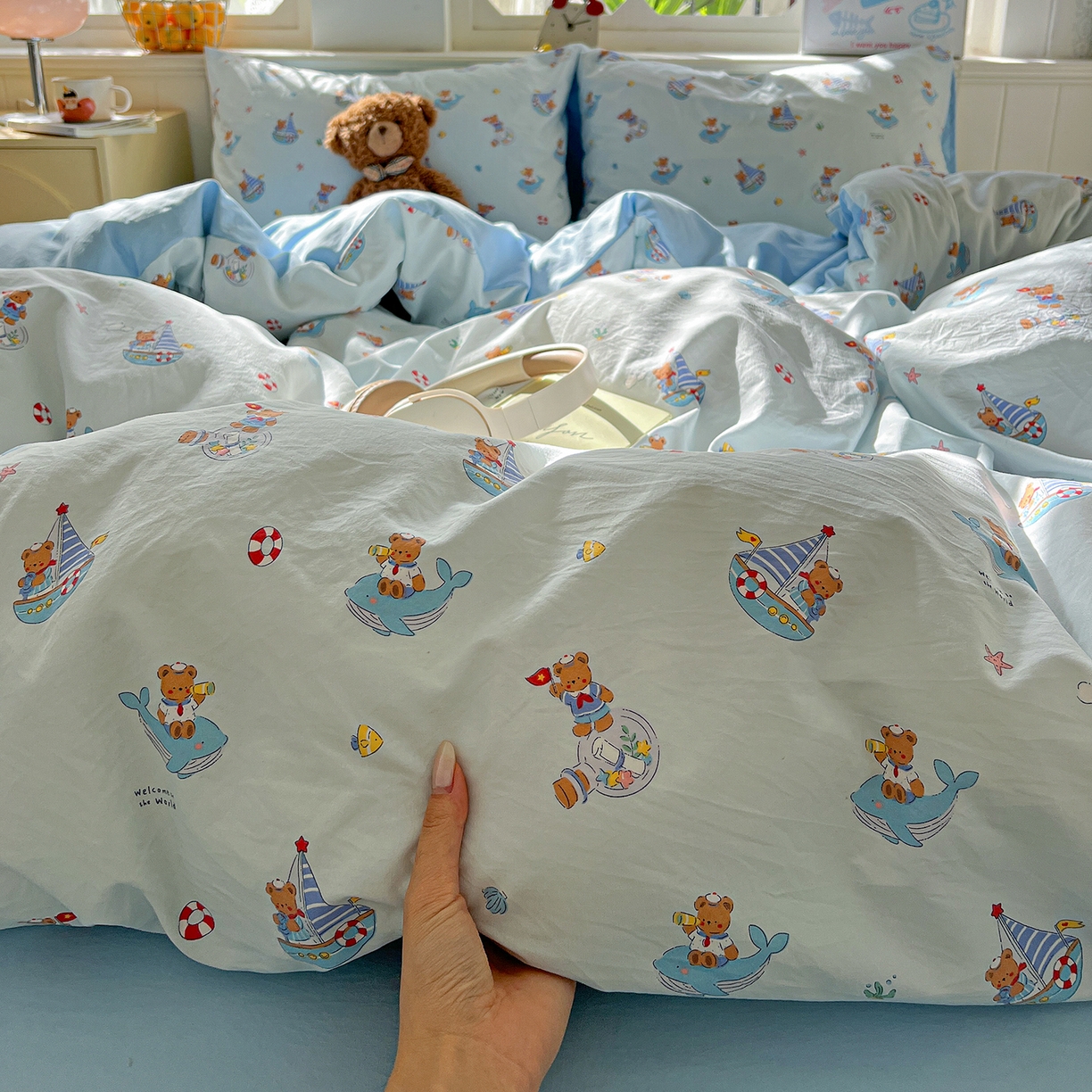 91家纺网 家纺一手货源 找家纺 凯洛奇 2026新款A类仿棉四件套古法水洗棉小清新印花四件套单被套系列 奶油小熊