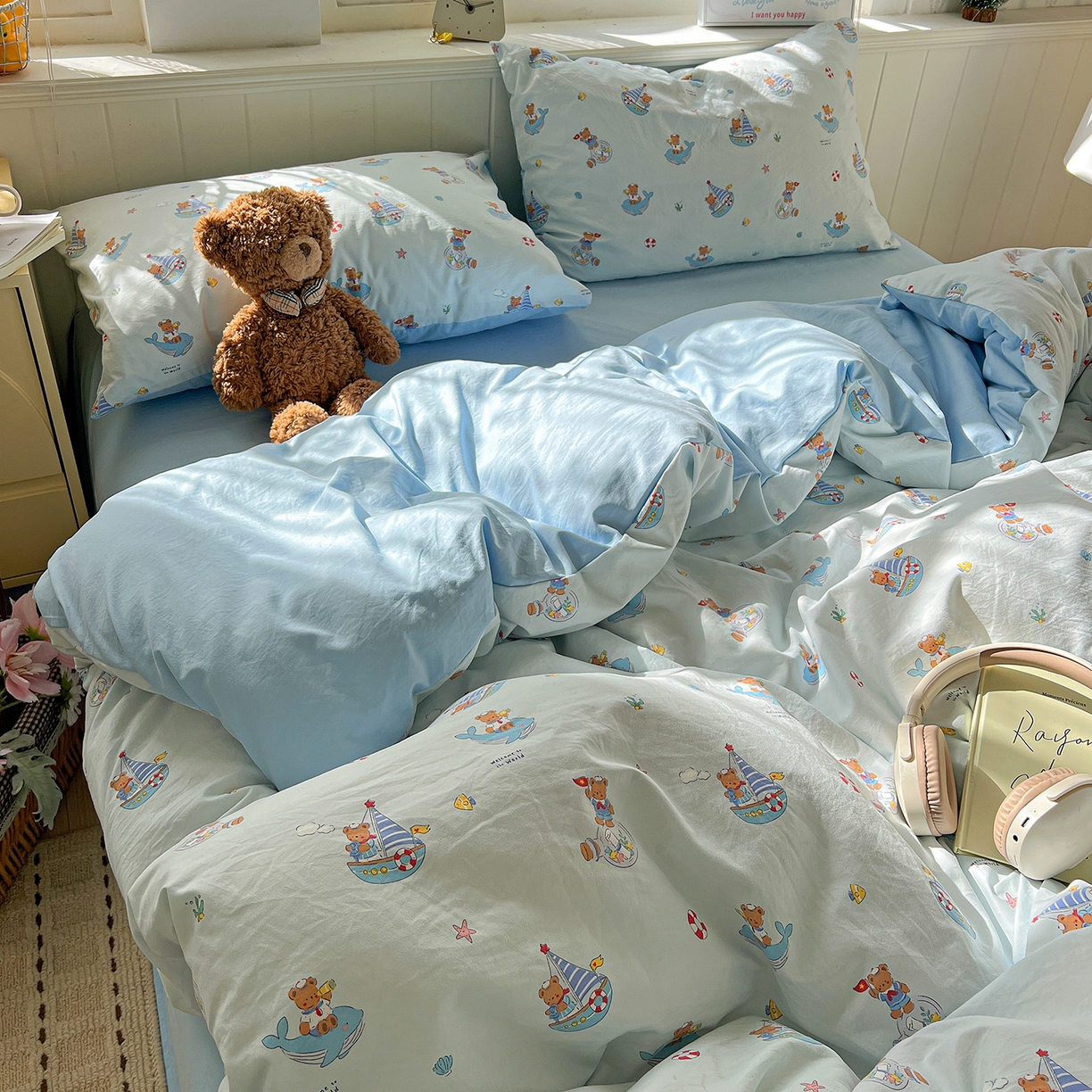 91家纺网 家纺一手货源 找家纺 凯洛奇 2026新款A类仿棉四件套古法水洗棉小清新印花四件套单被套系列 奶油小熊