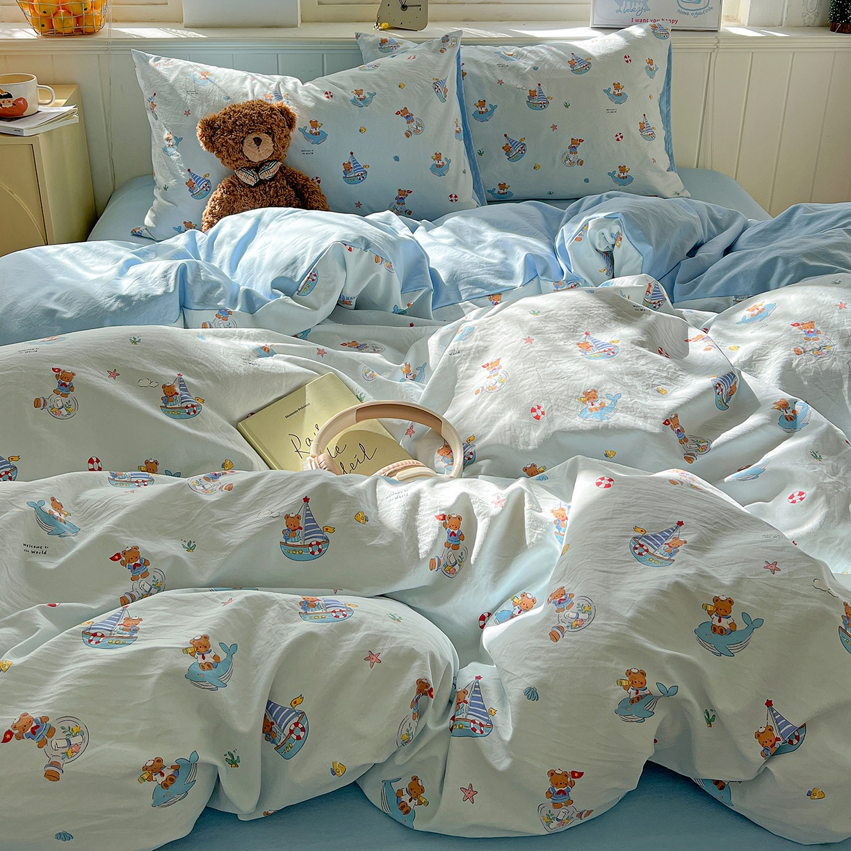 91家纺网 家纺一手货源 找家纺 凯洛奇 2026新款A类仿棉四件套古法水洗棉小清新印花四件套单被套系列 奶油小熊