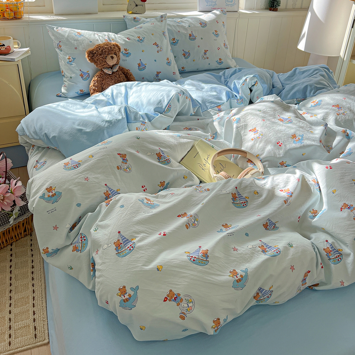 91家纺网 家纺一手货源 找家纺 凯洛奇 2026新款A类仿棉四件套古法水洗棉小清新印花四件套单被套系列 奶油小熊