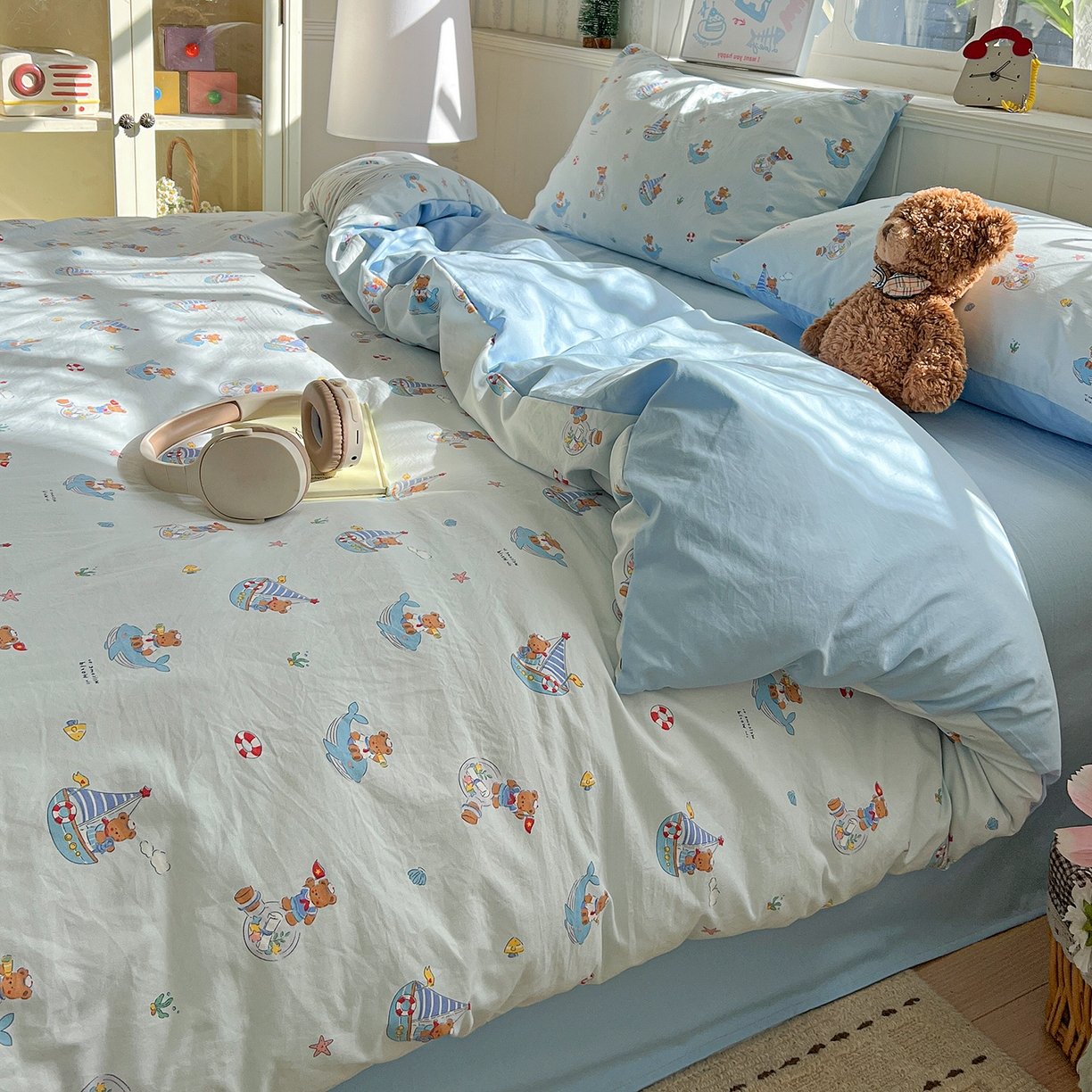 91家纺网 家纺一手货源 找家纺 凯洛奇 2026新款A类仿棉四件套古法水洗棉小清新印花四件套单被套系列 奶油小熊