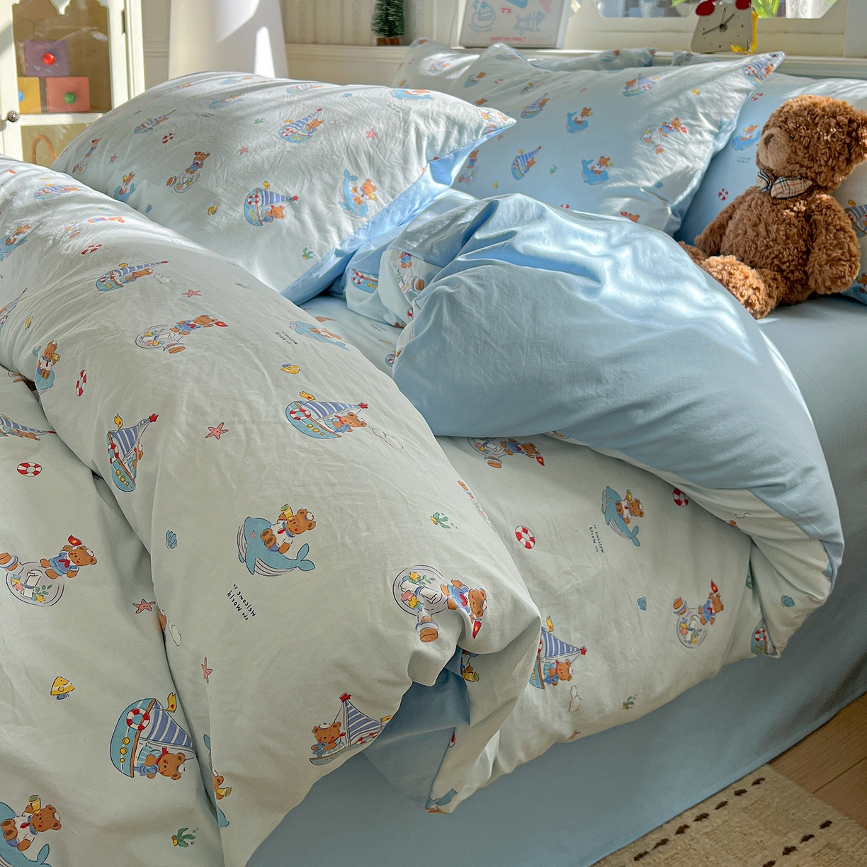 91家纺网 家纺一手货源 找家纺 凯洛奇 2026新款A类仿棉四件套古法水洗棉小清新印花四件套单被套系列 奶油小熊