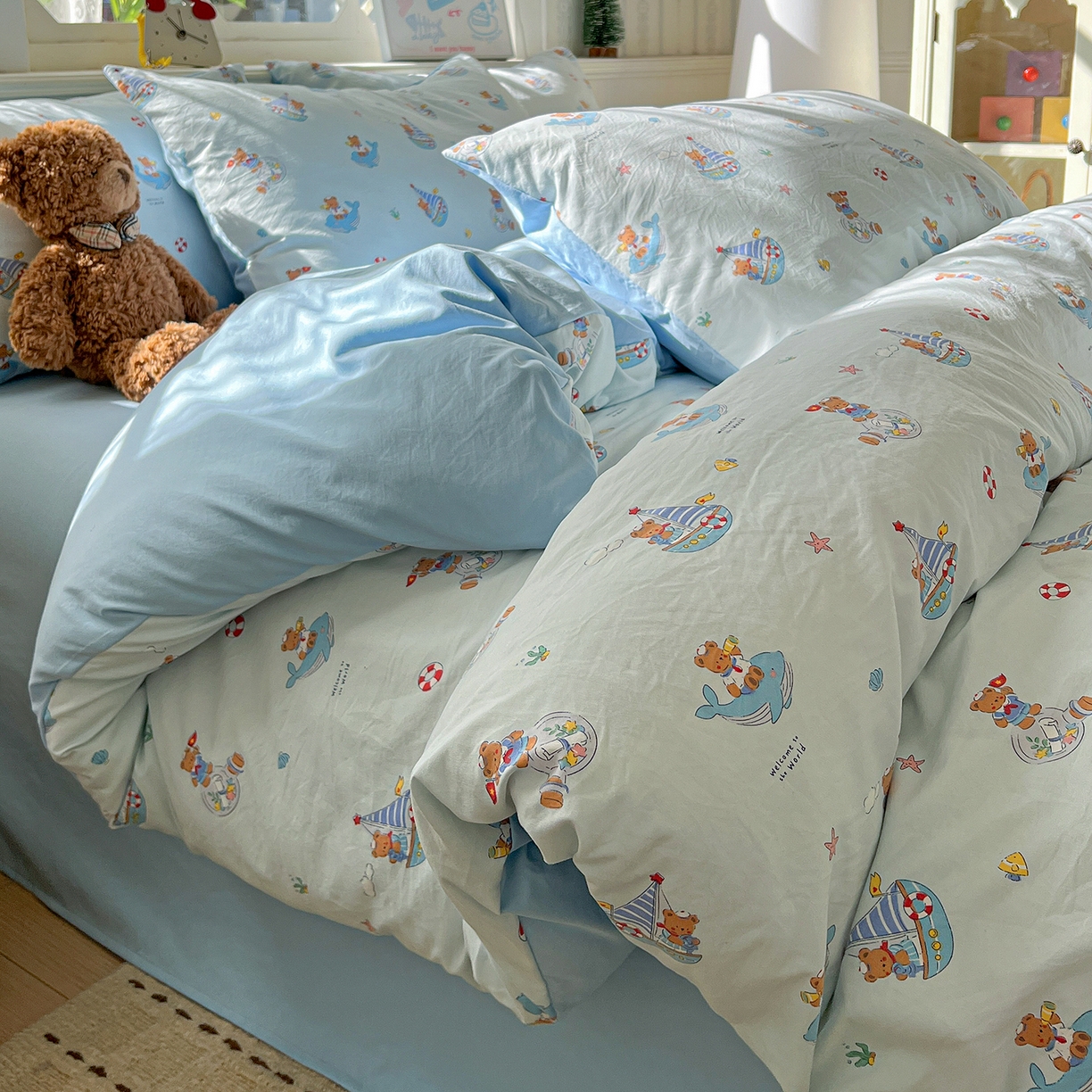 91家纺网 家纺一手货源 找家纺 凯洛奇 2026新款A类仿棉四件套古法水洗棉小清新印花四件套单被套系列 奶油小熊