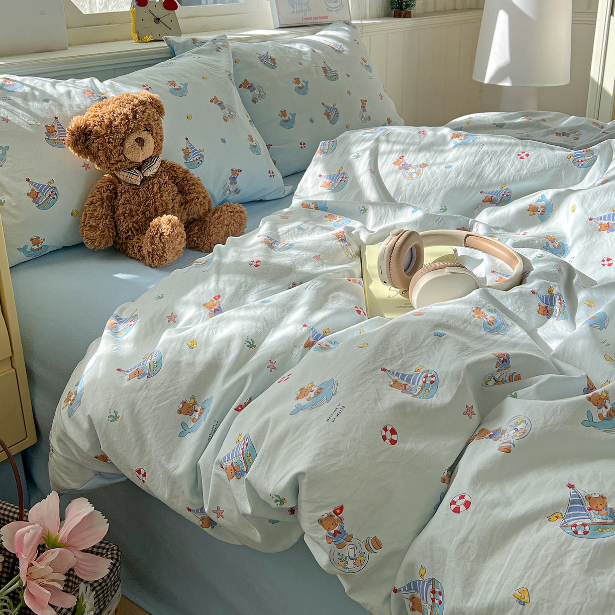 91家纺网 家纺一手货源 找家纺 凯洛奇 2026新款A类仿棉四件套古法水洗棉小清新印花四件套单被套系列 奶油小熊