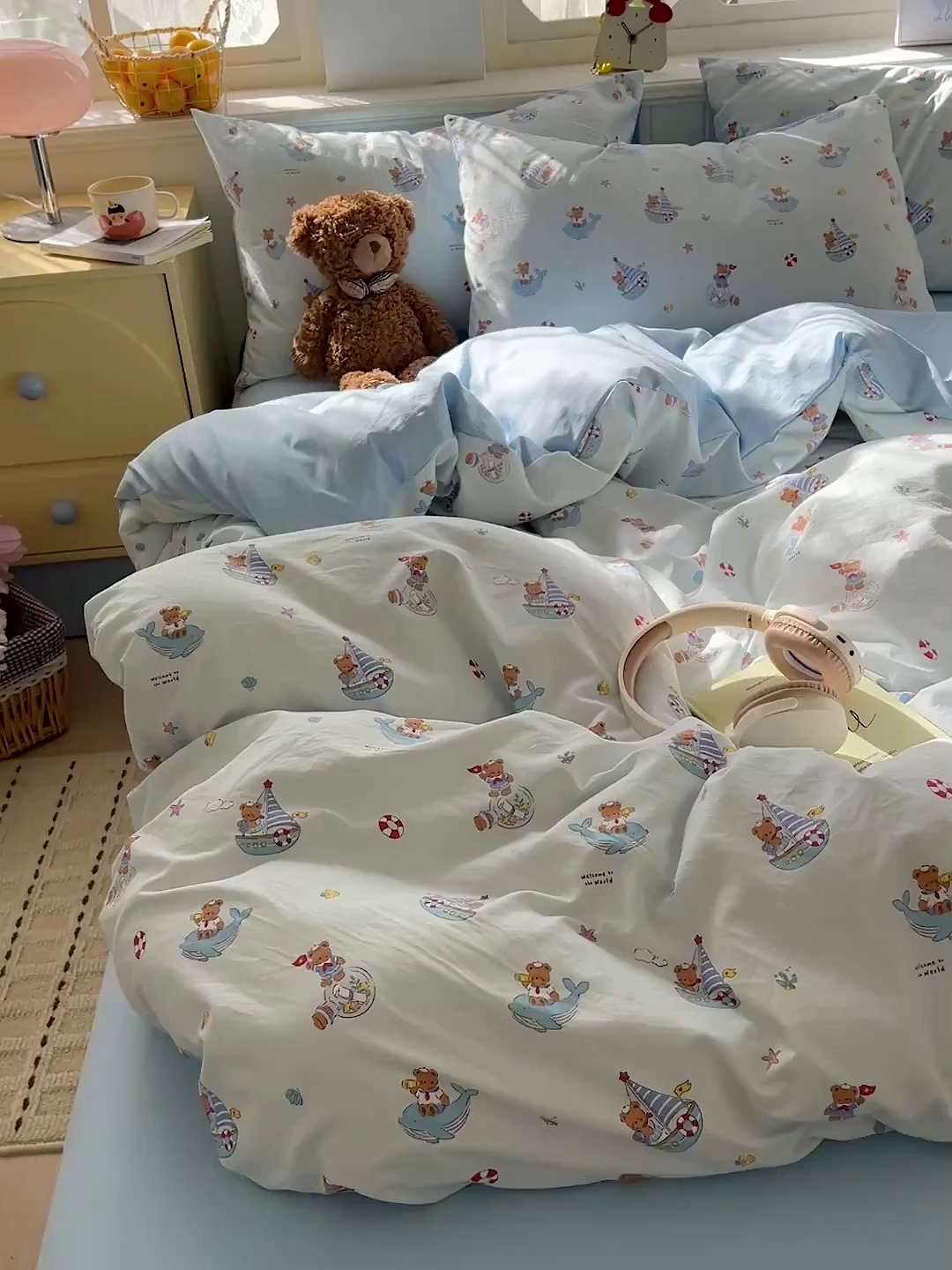 91家纺网 家纺一手货源 找家纺 凯洛奇 2026新款A类仿棉四件套古法水洗棉小清新印花四件套单被套系列 奶油小熊