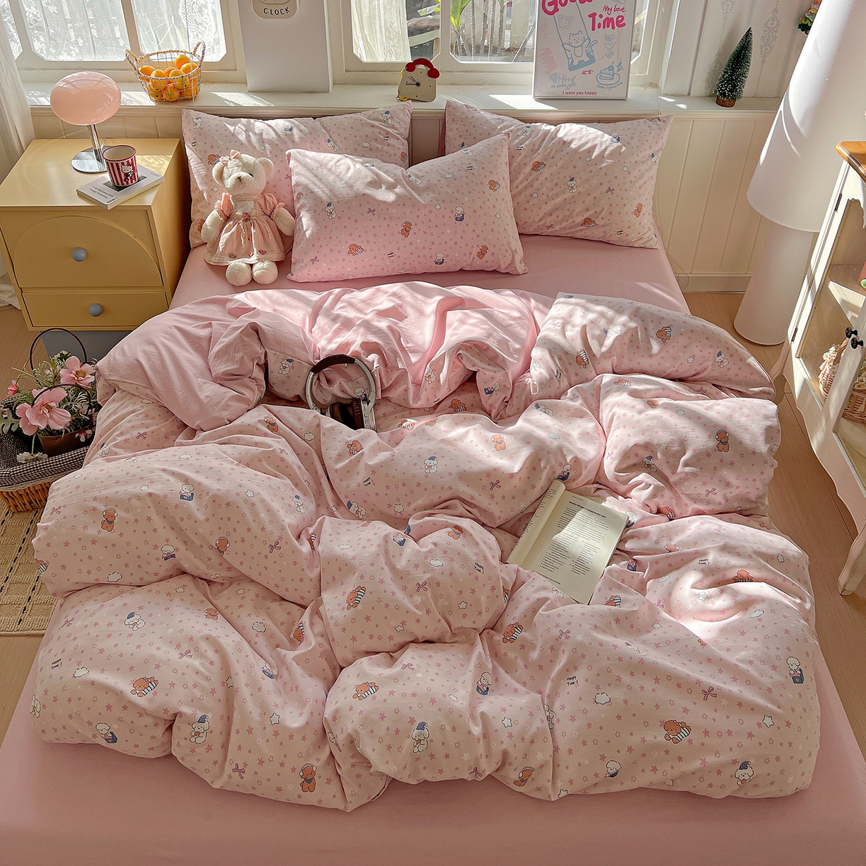 91家纺网 家纺一手货源 找家纺 凯洛奇 2026新款A类仿棉四件套古法水洗棉小清新印花四件套单被套系列 俏皮狗