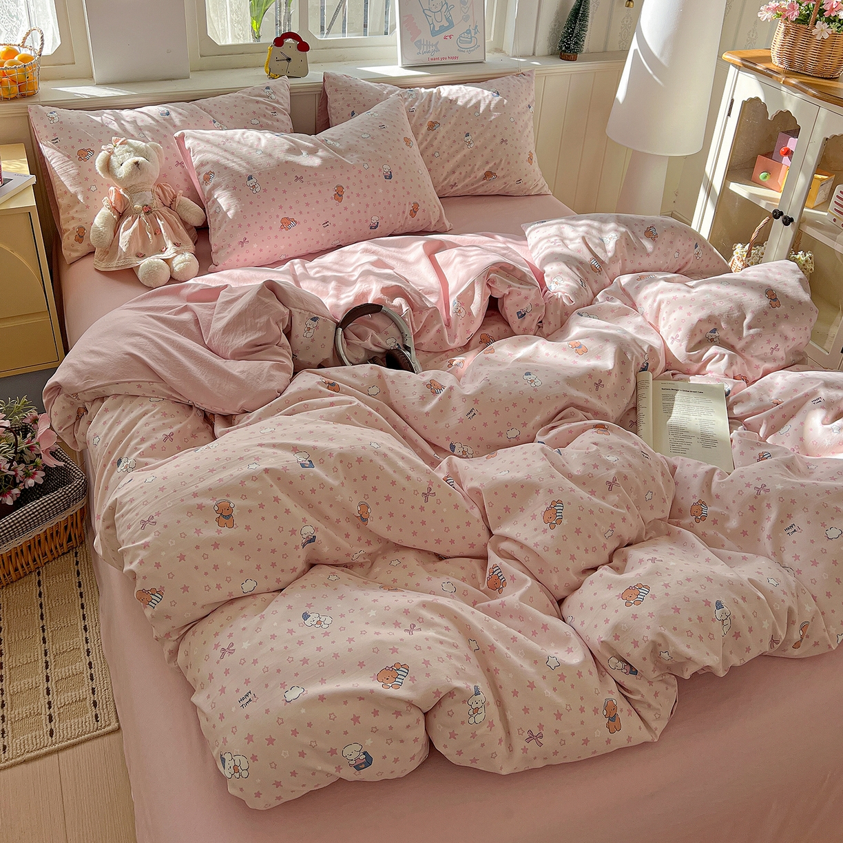 91家纺网 家纺一手货源 找家纺 凯洛奇 2026新款A类仿棉四件套古法水洗棉小清新印花四件套单被套系列 俏皮狗