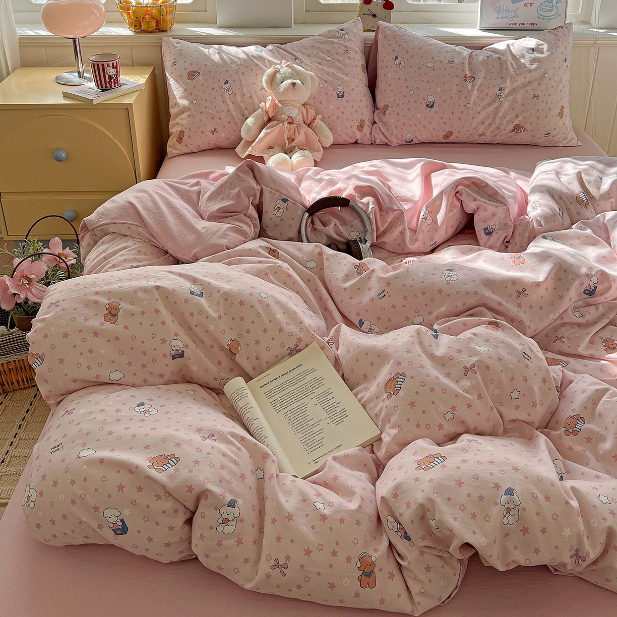 91家纺网 家纺一手货源 找家纺 凯洛奇 2026新款A类仿棉四件套古法水洗棉小清新印花四件套单被套系列 俏皮狗