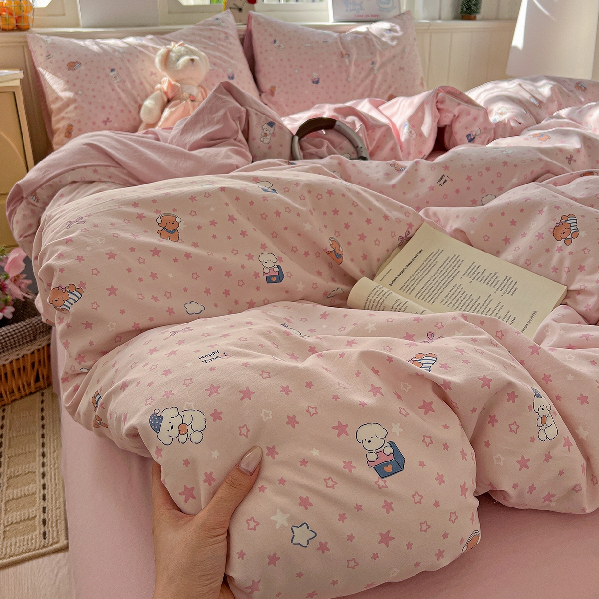 91家纺网 家纺一手货源 找家纺 凯洛奇 2026新款A类仿棉四件套古法水洗棉小清新印花四件套单被套系列 俏皮狗