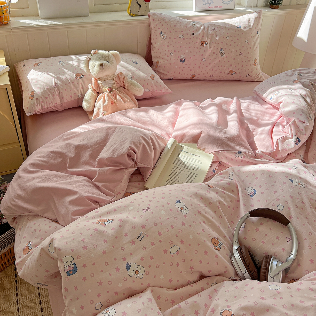 91家纺网 家纺一手货源 找家纺 凯洛奇 2026新款A类仿棉四件套古法水洗棉小清新印花四件套单被套系列 俏皮狗