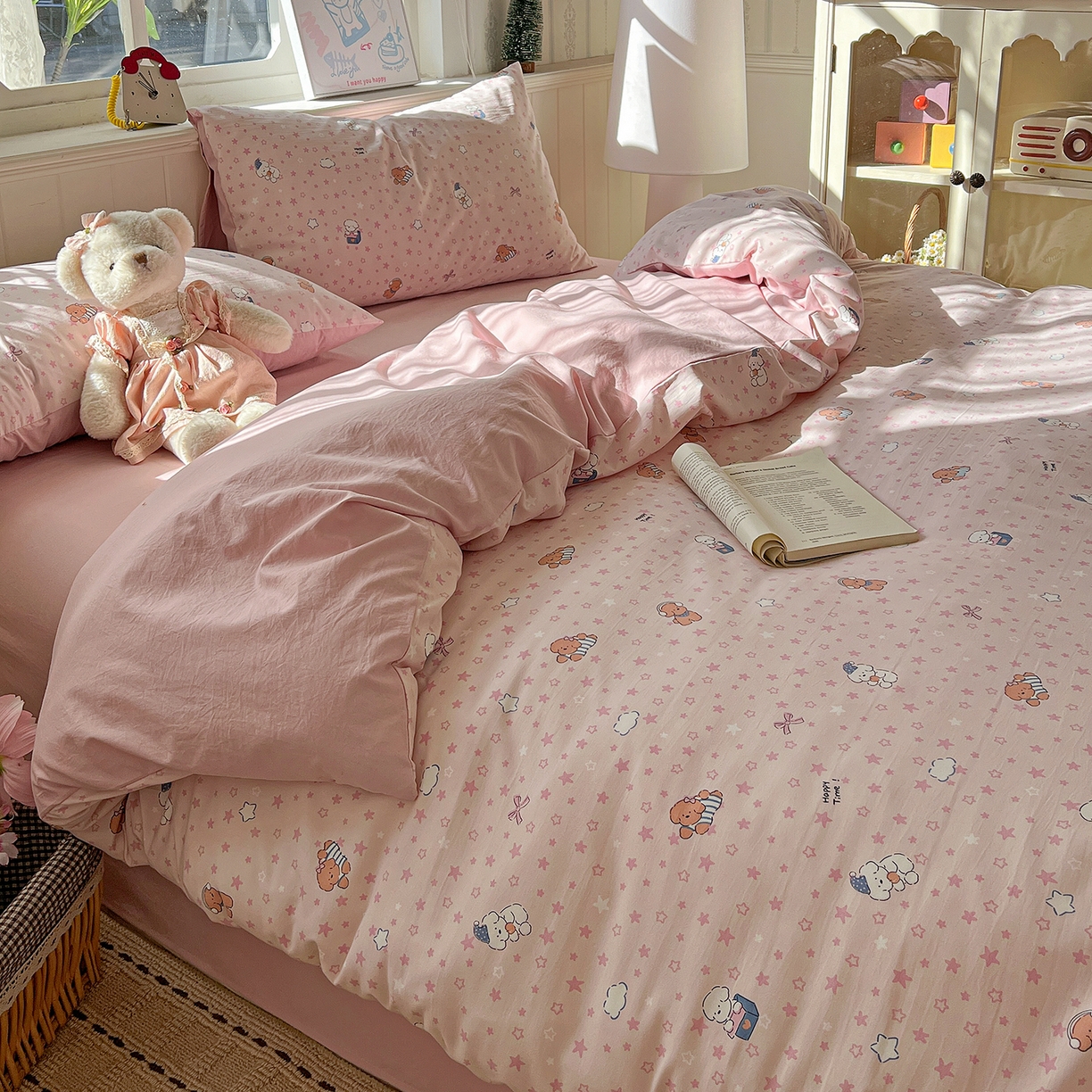 91家纺网 家纺一手货源 找家纺 凯洛奇 2026新款A类仿棉四件套古法水洗棉小清新印花四件套单被套系列 俏皮狗