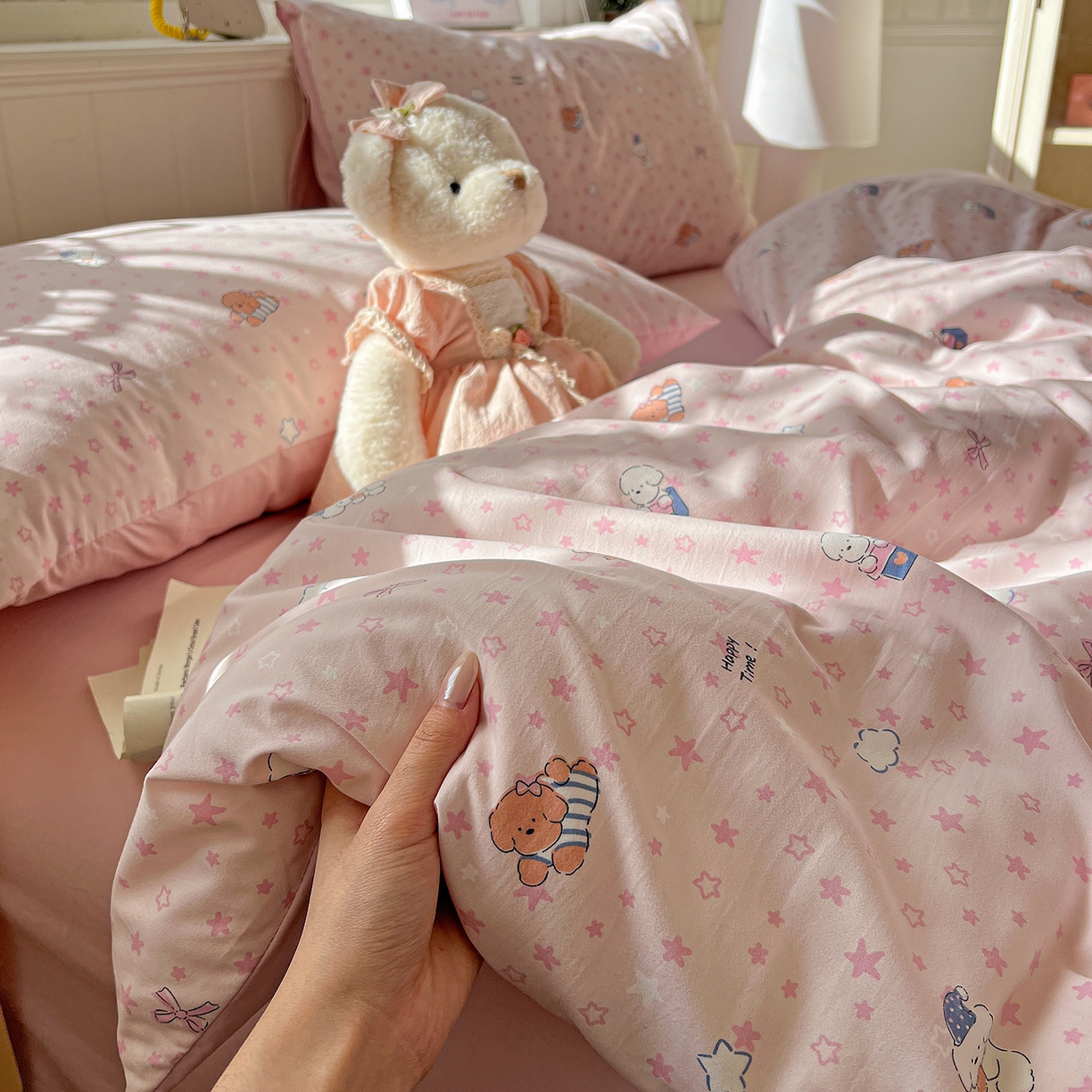 91家纺网 家纺一手货源 找家纺 凯洛奇 2026新款A类仿棉四件套古法水洗棉小清新印花四件套单被套系列 俏皮狗